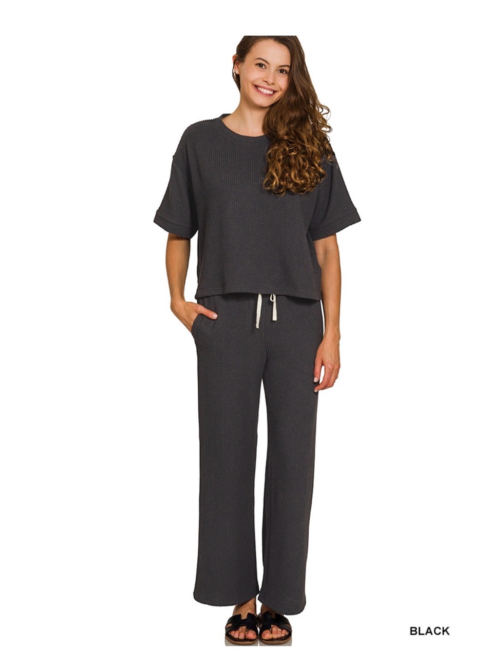 ZENANA RAISED RIB SHORT SLEEVE TEE & PANTS SET RTLRPL-8608Y